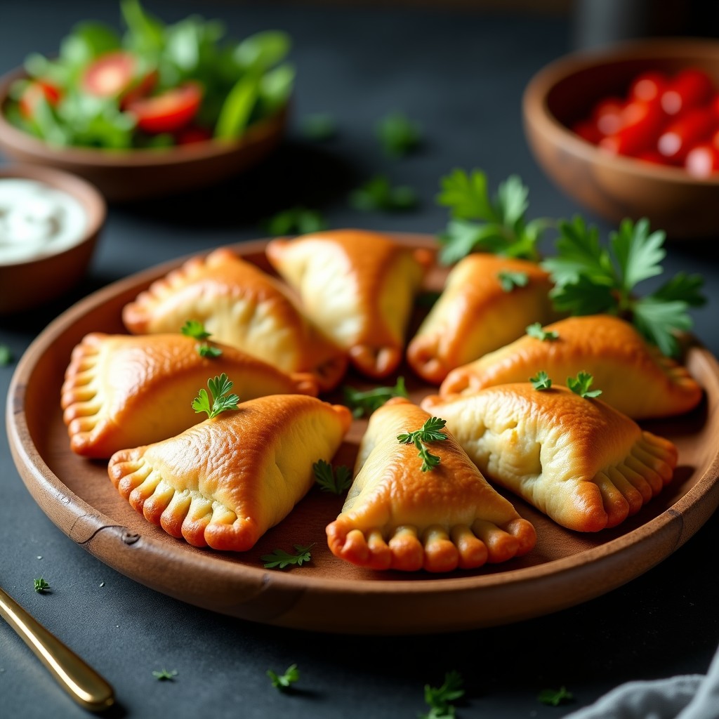 Empanadas veganas doradas y crujientes rellenas de tofu ahumado y pimientos piquillo, servidas en un plato de madera rústico con salsa de yogur vegano al lado, receta en airfryer.