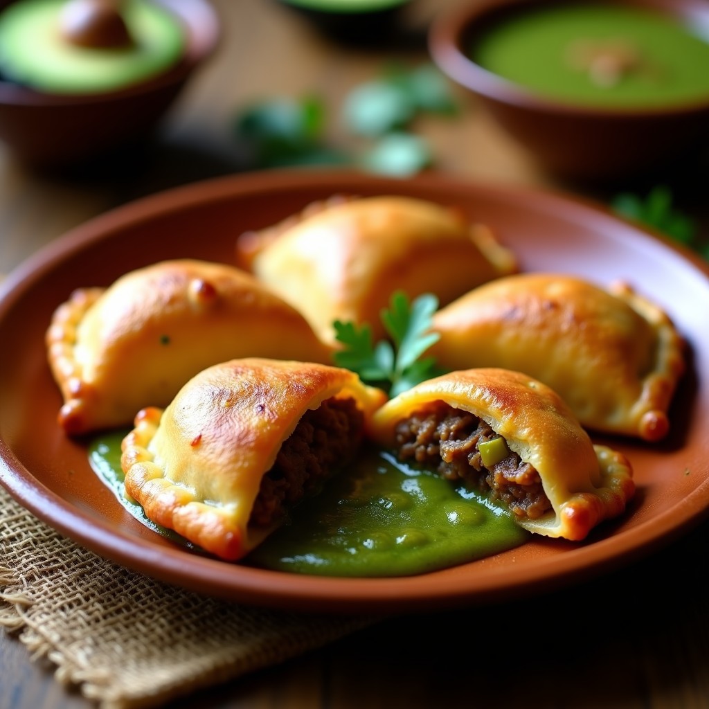 Empanadas doradas y crujientes rellenas de tripa de res en salsa verde, servidas en un plato de barro con cilantro fresco espolvoreado, receta colombiana tradicional.