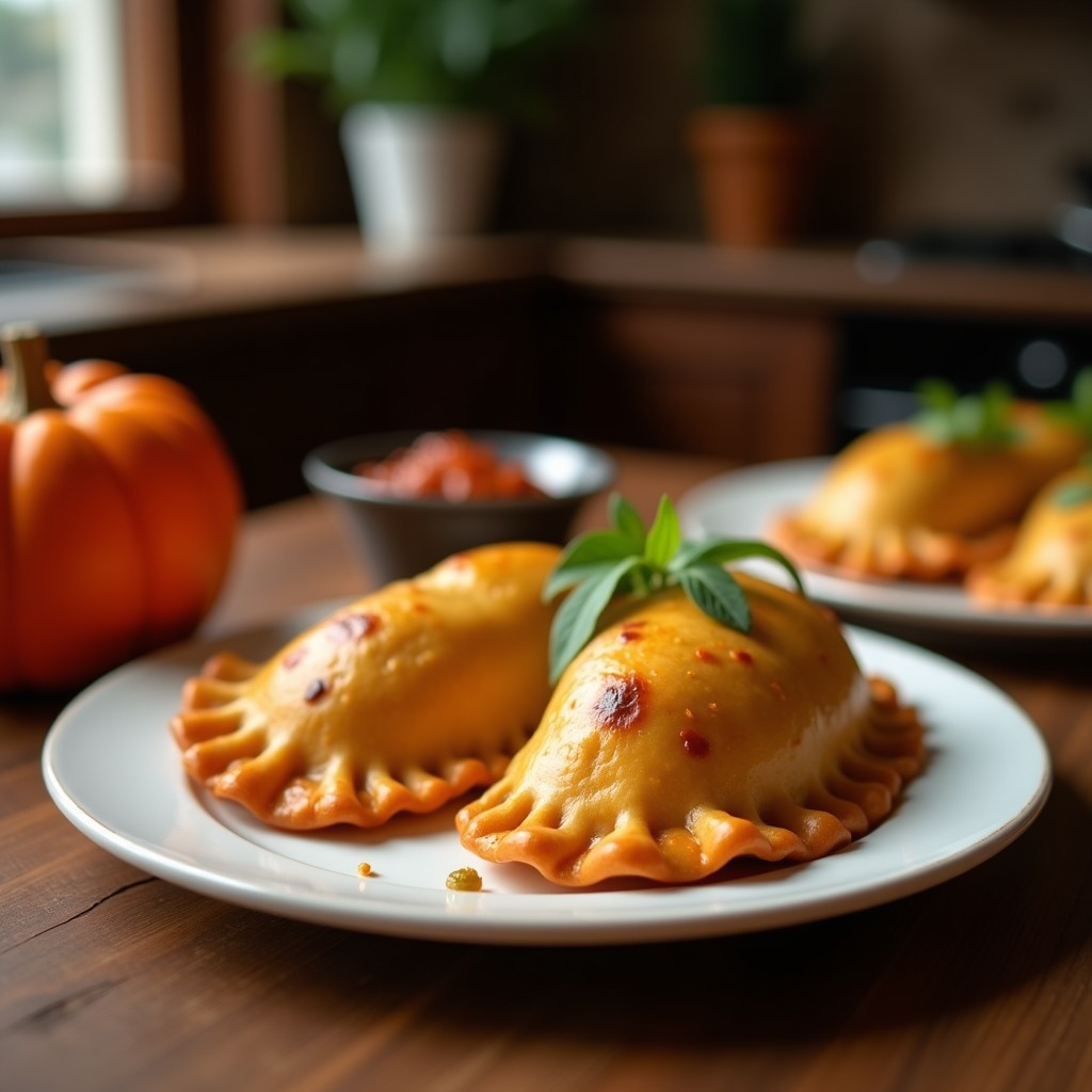 Empanadas veganas de calabaza picante doradas y crujientes en una canasta de airfryer, con relleno visible de calabaza asada y especias, servidas con salsa de yogur vegano.