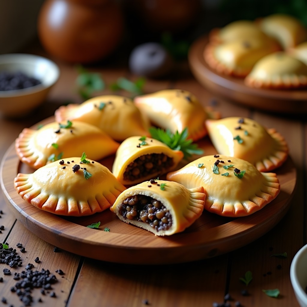 Empanadas veganas doradas y crujientes rellenas de champiñones trufados, servidas en una bandeja de madera con perejil fresco y virutas de trufa.