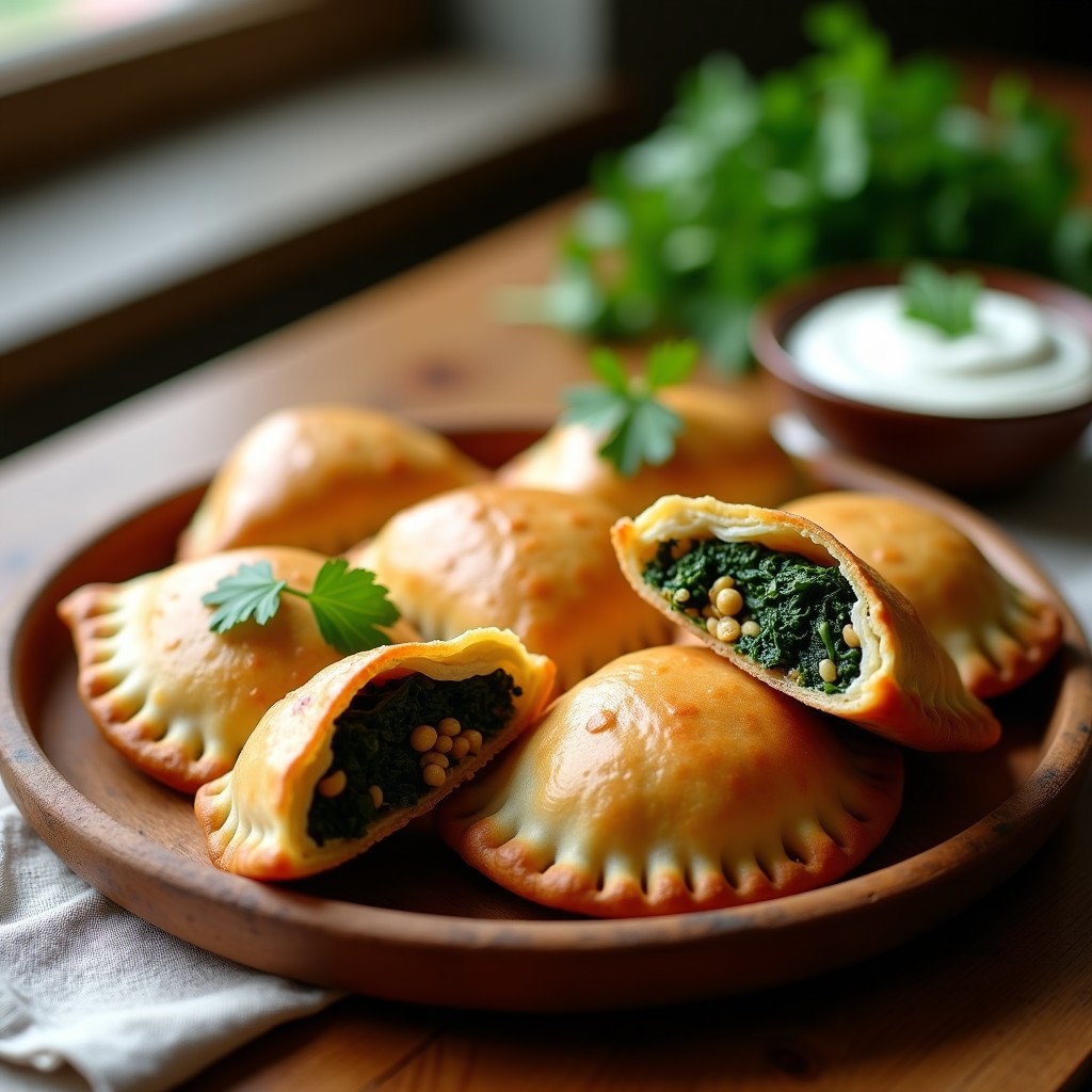 Empanadas veganas doradas y crujientes rellenas de espinacas y tofu ahumado, servidas en una bandeja de madera con hierbas frescas.