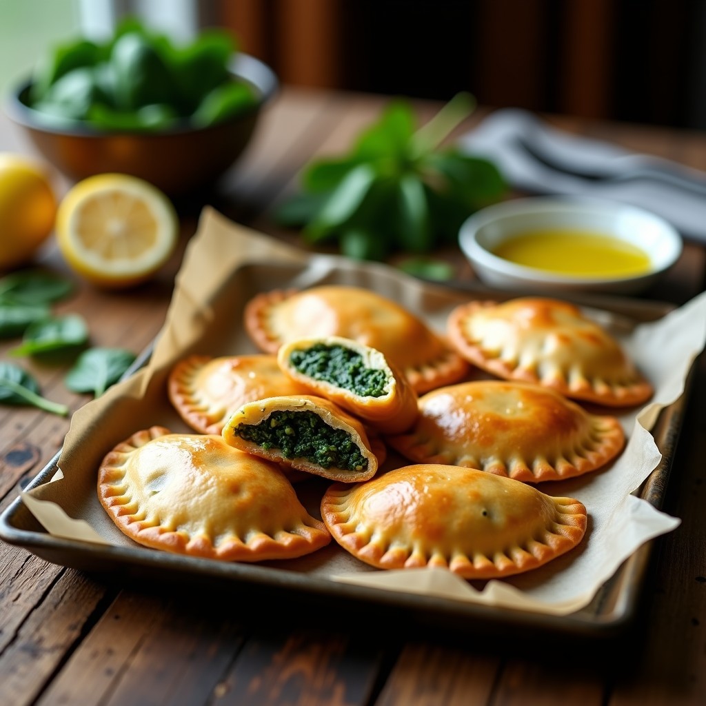 Bandeja de empanadas veganas de espinacas y tofu al horno, doradas y crujientes, con un relleno verde visible por los bordes sellados. Acompañadas de hojas de espinaca fresca y limón.