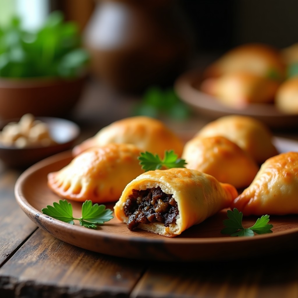 Empanadas veganas doradas y crujientes rellenas de hongos portobello y trufa, servidas en un plato de madera rústico con perejil fresco.