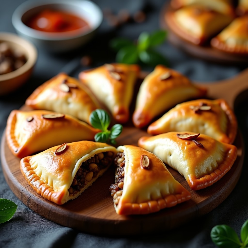 Empanadas veganas doradas y crujientes rellenas de hongos portobello, con textura jugosa y almendras fileteadas, servidas en una bandeja de madera rústica.