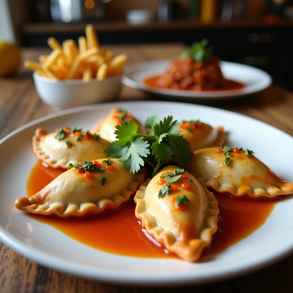 Empanadas veganas doradas y crujientes rellenas de jackfruit al picadillo, servidas en un plato de madera con guacamole al lado, receta airfryer.
