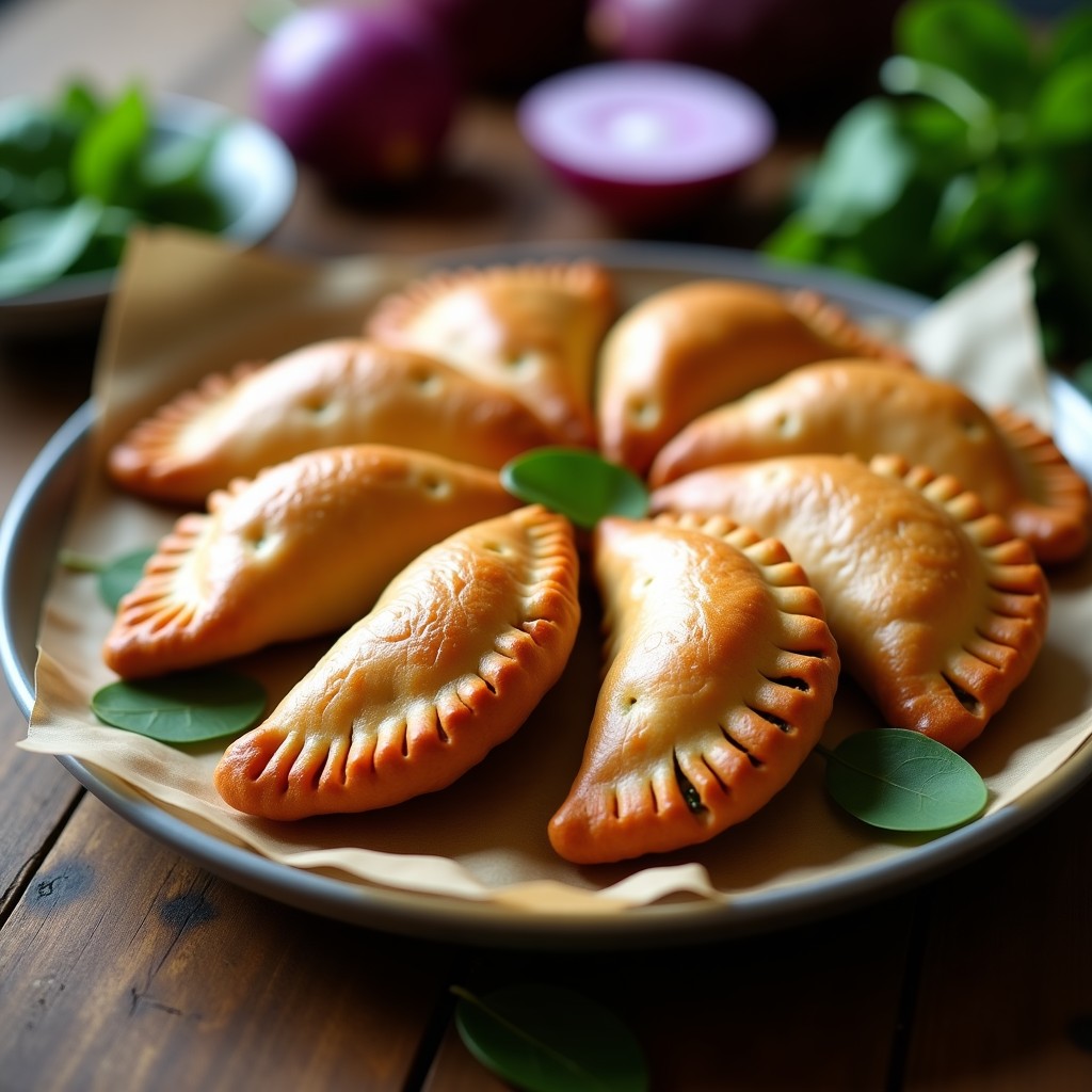 Bandeja de empanadas veganas de camote morado al horno, doradas y crujientes, con relleno de espinacas y champiñones, servidas sobre papel de horno rústico.