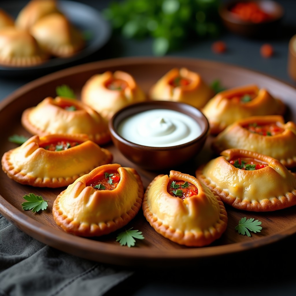 Empanadas veganas picantes doradas al horno, rellenas de queso de tofu cremoso y pimientos asados, servidas en una bandeja de madera con hojas de cilantro.