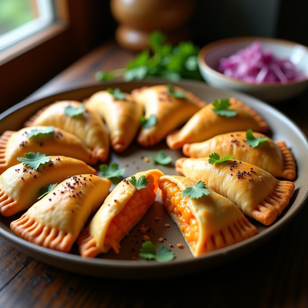 Bandeja de empanadas veganas de yuca y queso de cashew picantes, doradas y crujientes, con relleno cremoso y especiado, decoradas con cebolla morada y cilantro fresco.