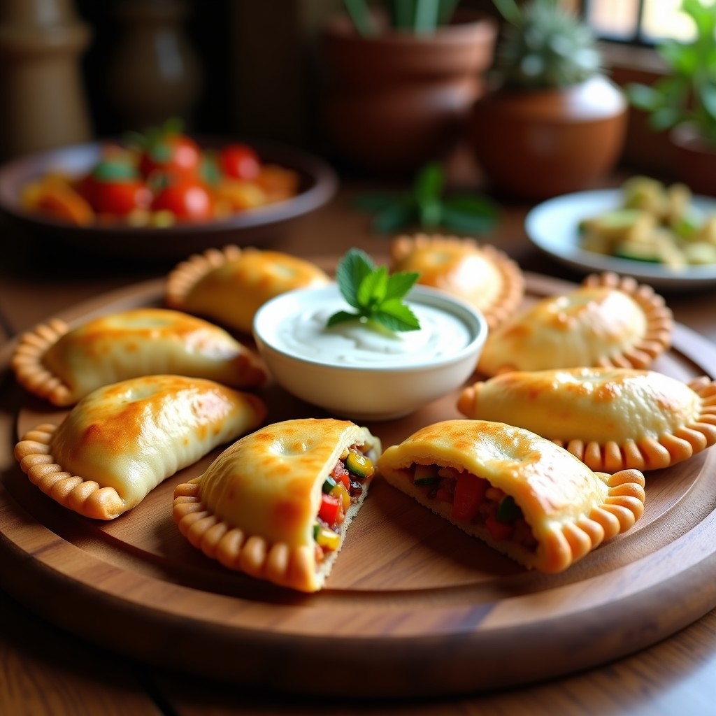 Empanadas veganas doradas y crujientes rellenas de pisto andaluz, servidas en una fuente de madera con hierbas frescas y salsa de yogur.