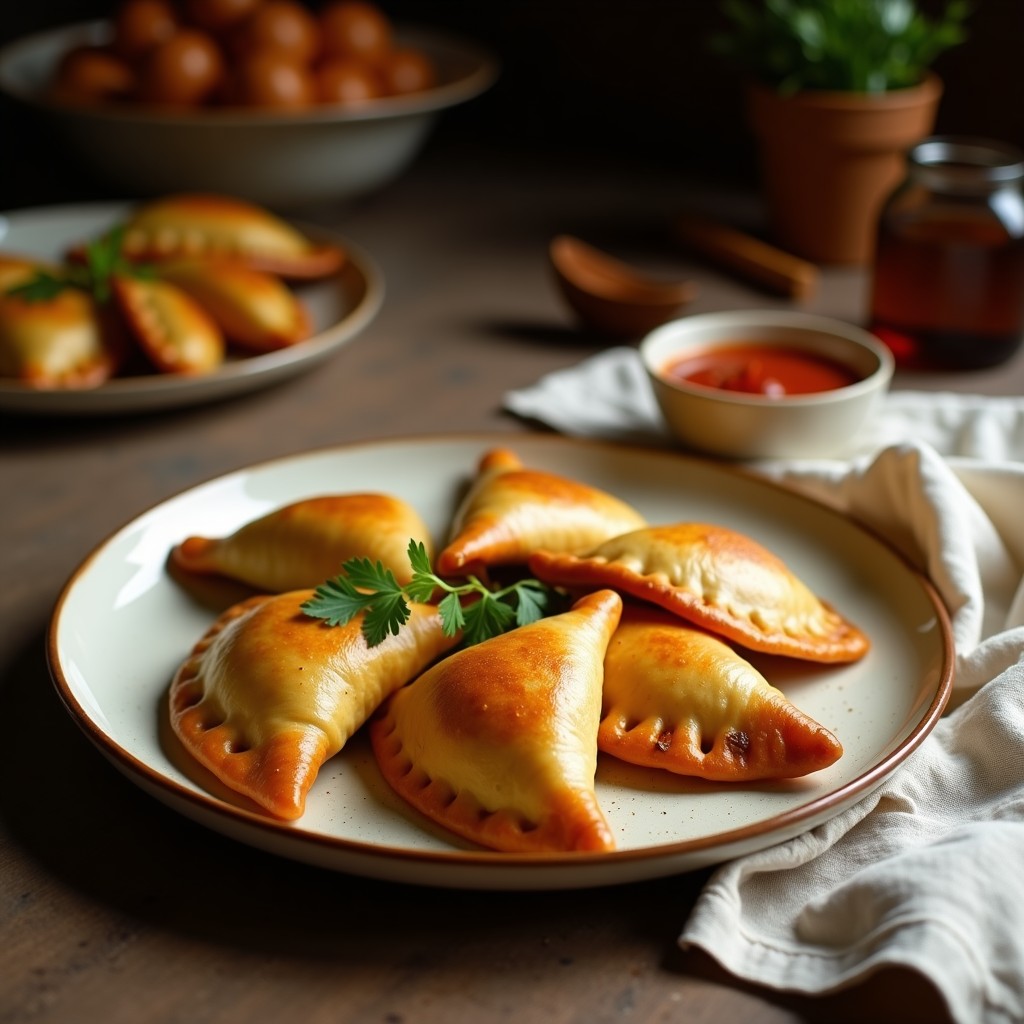 Empanadas venezolanas doradas y crujientes rellenas de carne mechada, servidas en un plato de madera rústico con salsa de ají al lado, receta tradicional.