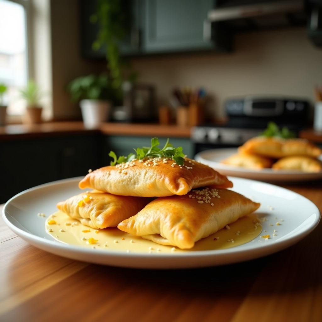 Empanadas venezolanas doradas y crujientes rellenas de quesillo y papelón, servidas en un plato de barro con salsa guasacaca al lado, receta tradicional.