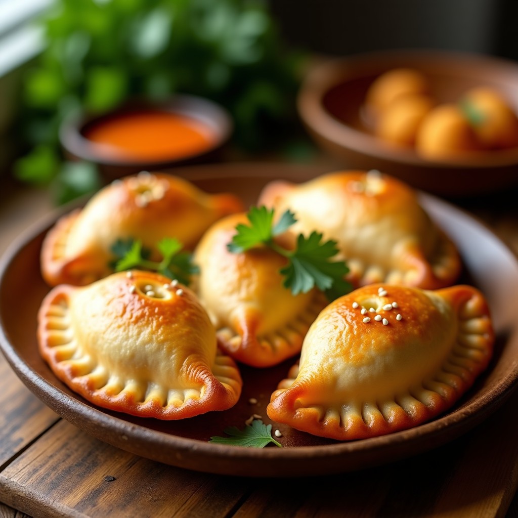 Empanadas doradas y crujientes de yaca madura y queso cremoso, servidas en un plato de madera rústico con hojas de cilantro fresco. Receta colombiana en airfryer, sin gluten y con textura perfecta.