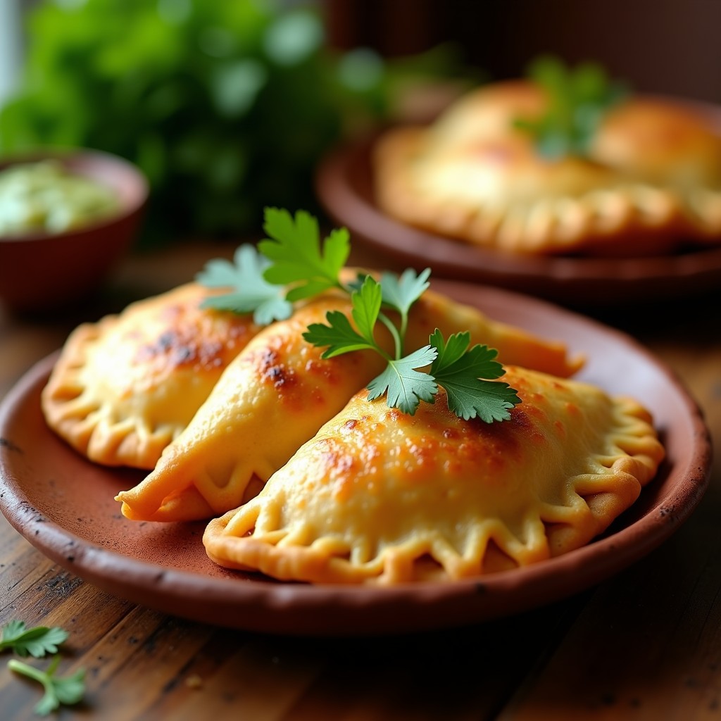 Empanadas doradas y crujientes rellenas de yaca desmenuzada y queso Oaxaca vegano, servidas en un plato de barro con hojas de cilantro fresco y una salsa verde al lado. Receta mexicana vegana en sartén antiadherente.