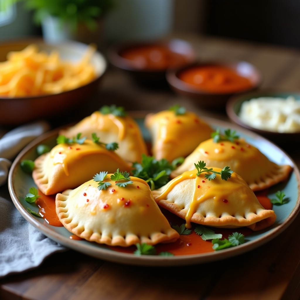 Empanadas doradas y crujientes de yaca y queso vegano con masa de cassava, servidas en un plato de barro con hojas de cilantro fresco y un dip de aguacate al lado. Receta colombiana sin gluten.