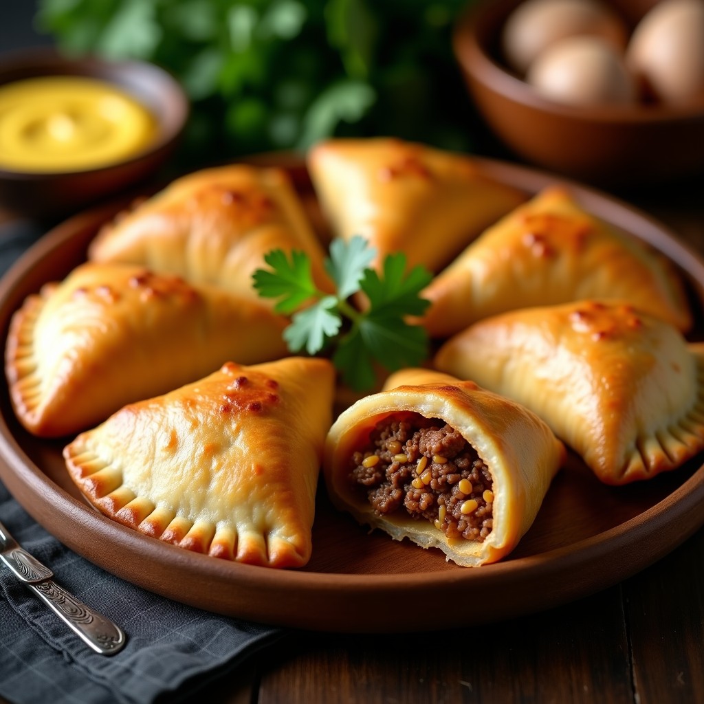 Empanadas peruanas de yacon y carne de res sin gluten, doradas y humeantes, servidas en un plato de barro con hojas de perejil fresco.