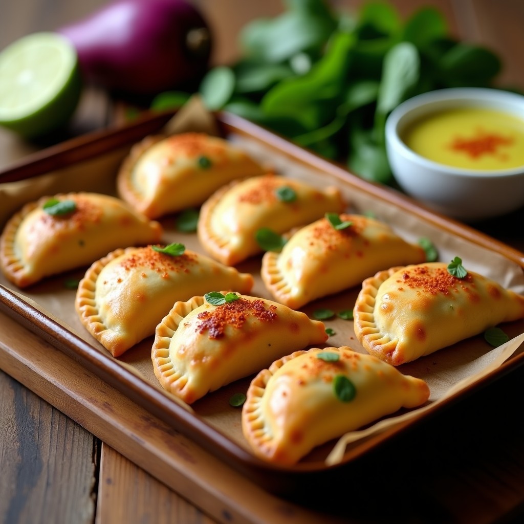 Empanadas doradas y crujientes de yam morado y espinacas sobre una bandeja de horno rústica, acompañadas de un bol pequeño con salsa de ají picante de color rojo intenso. Vistas desde arriba con semillas de sésamo visibles en la superficie.