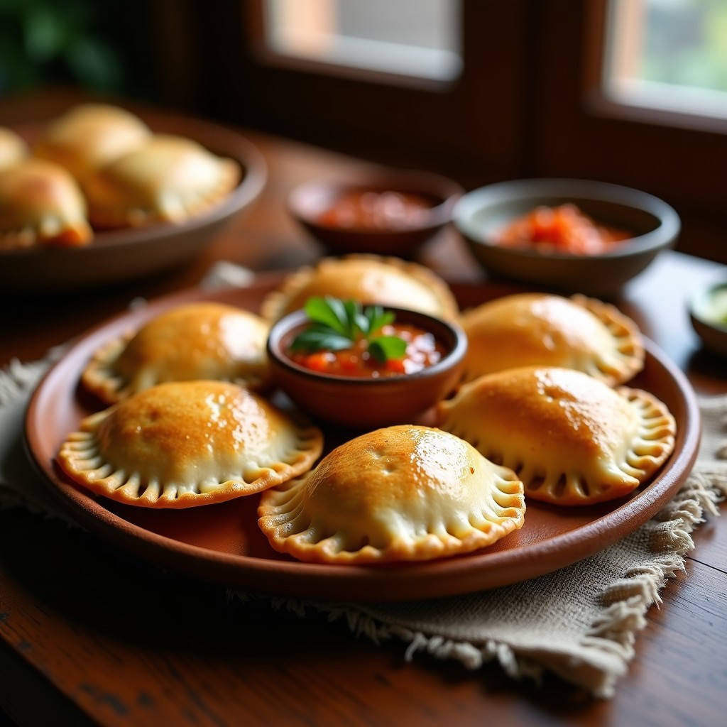 Empanadas doradas de yautía rellenas de carne de res, servidas en un plato de barro rústico con salsa de ají dulce al lado, receta tradicional venezolana.