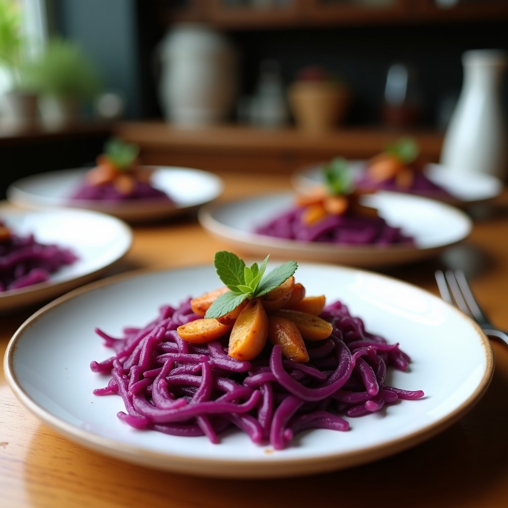 Empanadas de yautía morada con relleno de jackfruit desmenuzado, horneadas hasta dorarse, sobre una tabla de madera rústica con hojas de cilantro fresco y limones en rodajas.