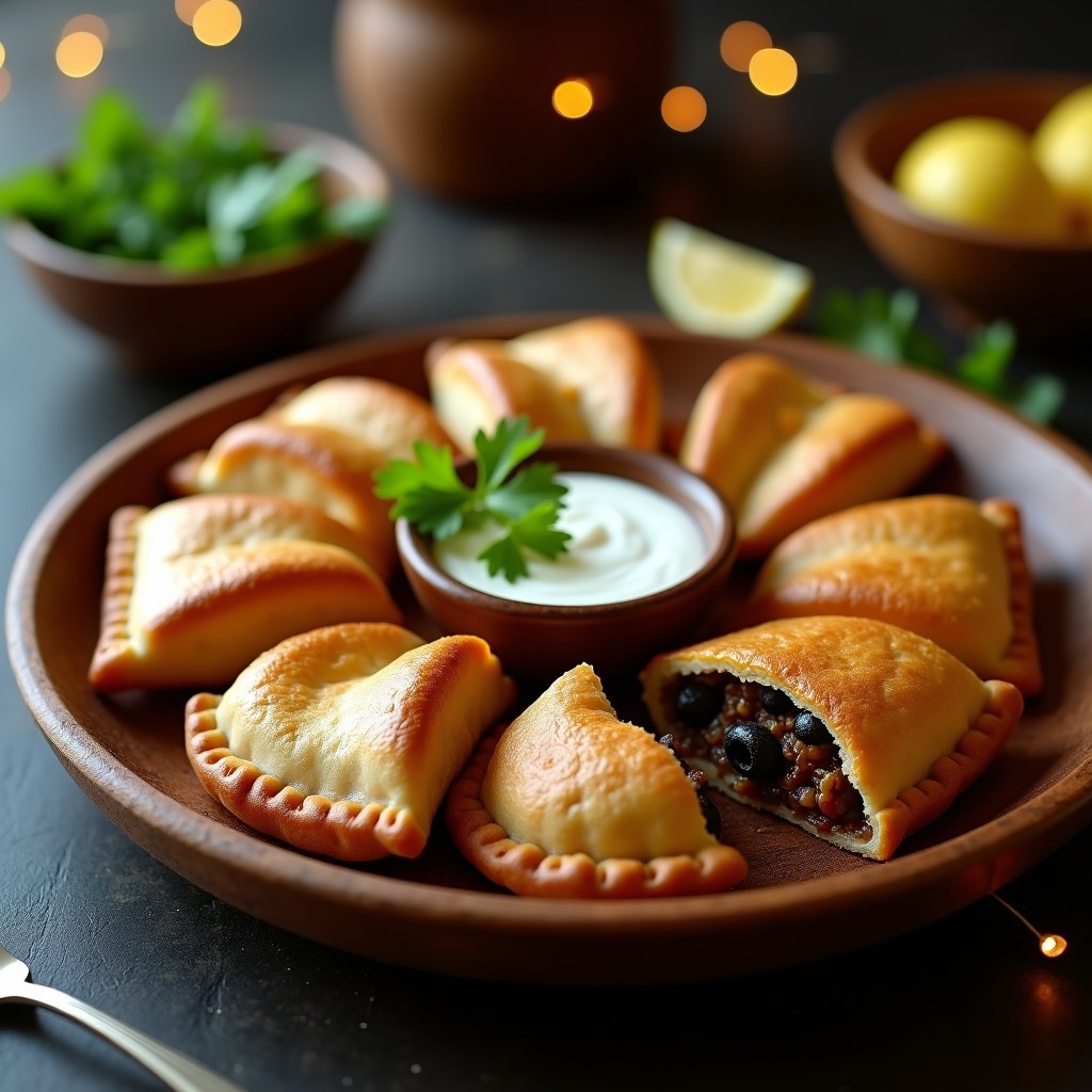Empanadas doradas de masa de yautía con relleno de picadillo de setas shiitake y portobello, servidas en un plato de madera rústico con hojas de cilantro fresco y una salsa vegana al lado. Receta antillana y vegana.