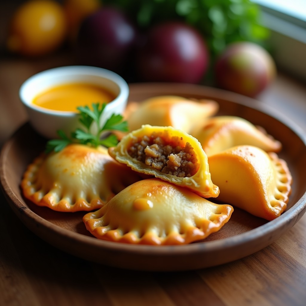 Empanadas doradas y crujientes de yuca rellenas de atún ahumado, servidas en un plato de madera rústico con una salsa amarilla vibrante de maracuyá al lado. Decoradas con hojas de cilantro fresco, receta colombiana en airfryer sin aceite.