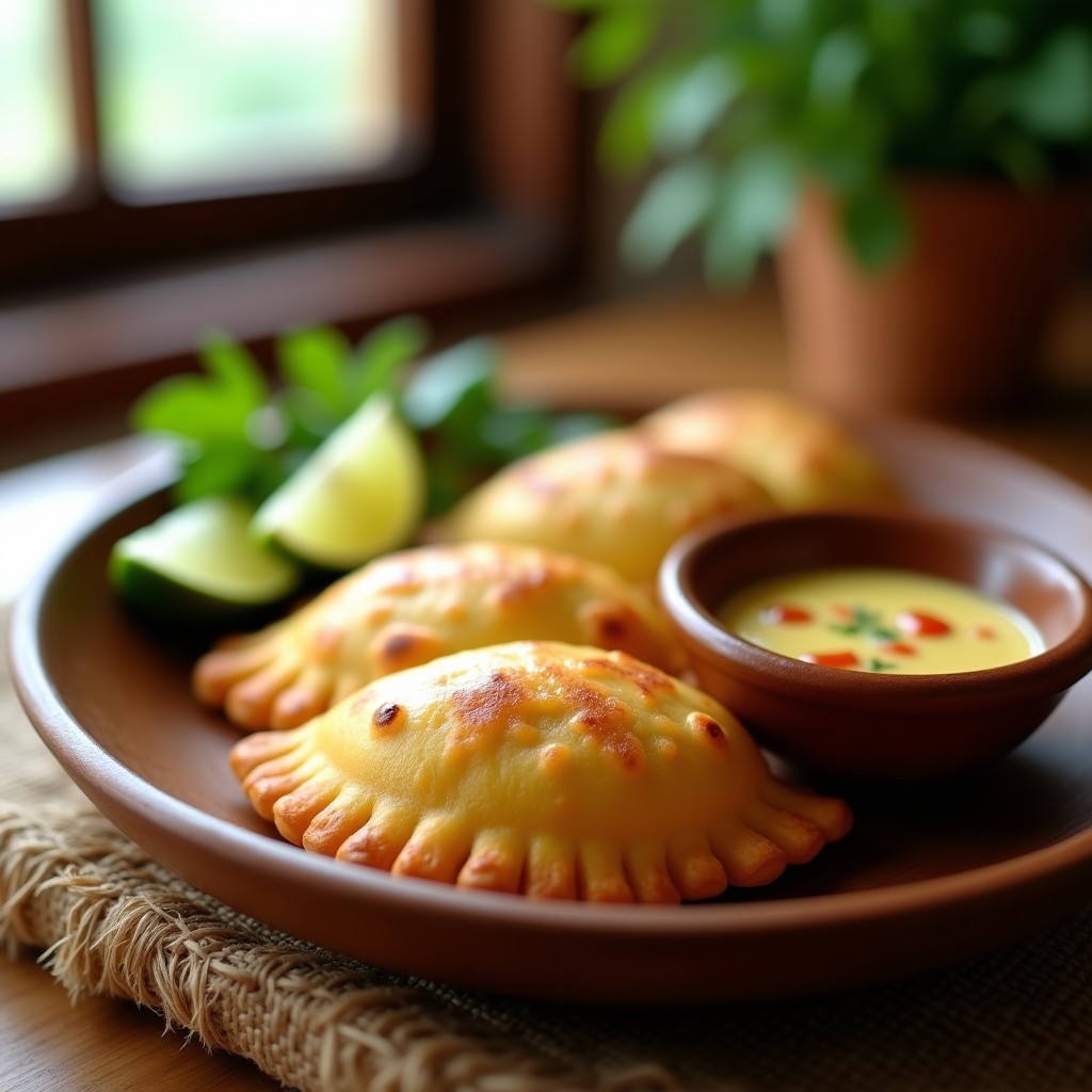 Empanadas doradas y crujientes de yuca rellenas de atún fresco, servidas en un plato de madera con una salsa cremosa de ajiaco al lado, decoradas con cilantro fresco y rodajas de limón. Receta colombiana keto al estilo costero.