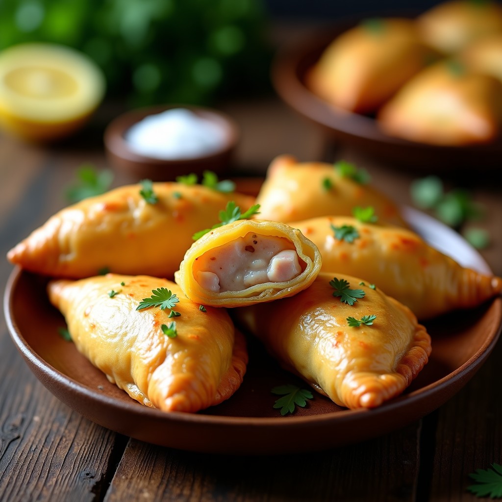 Empanadas doradas y crujientes de masa de yuca sin gluten, rellenas de atún y pimentón de padrón, servidas en un plato de madera rústico con hierbas frescas y un toque de aceite de oliva virgen extra.