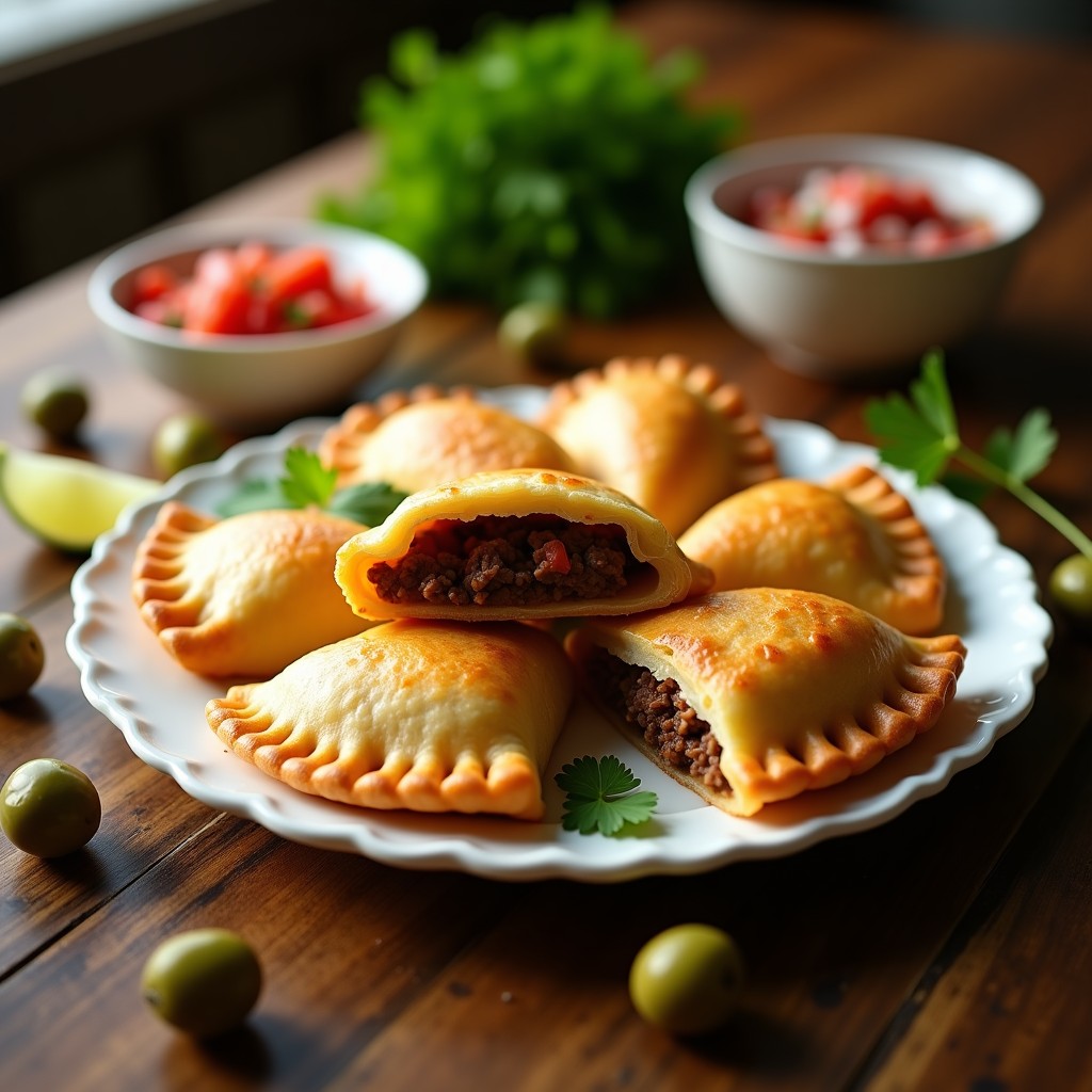 Empanadas doradas de yuca rellenas de carne de res y aceitunas, con bordes bien sellados y textura crujiente, servidas en un plato de barro con hojas de perejil fresco.