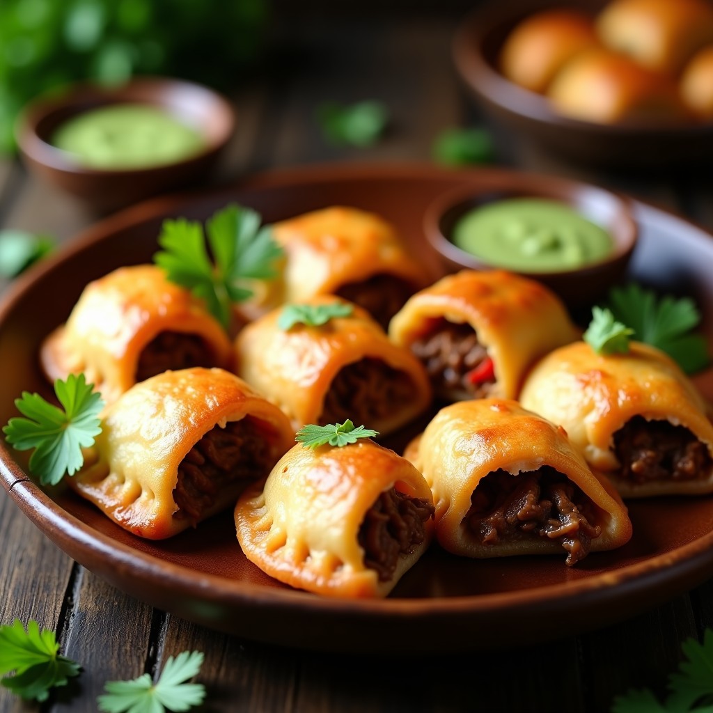 Empanadas de yuca doradas y crujientes rellenas de carne de res desmenuzada con toque picante, servidas en un plato de madera rústico con hojas de culantro y salsa guasacaca al lado. Receta venezolana en airfryer.