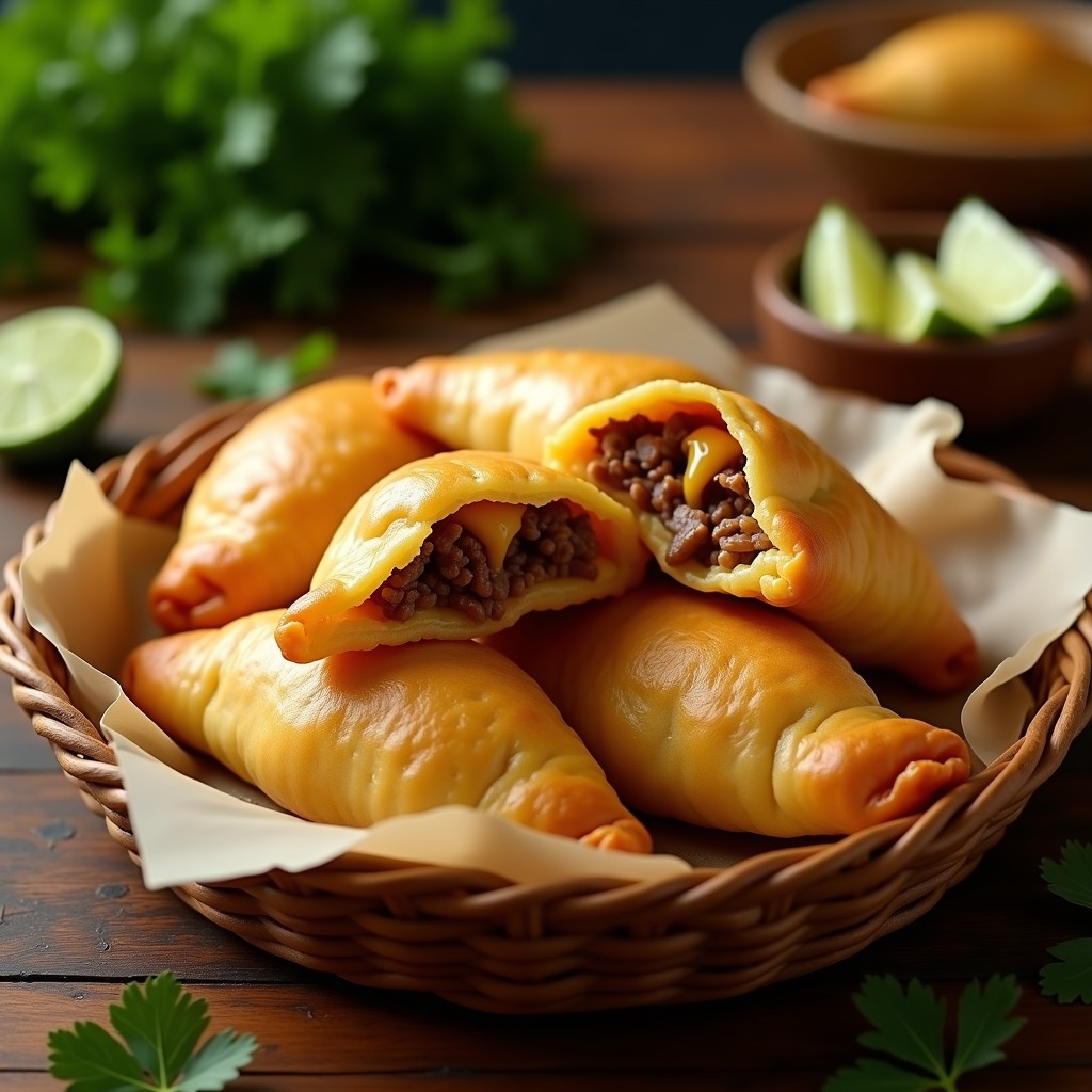 Empanadas doradas y crujientes de masa de yuca rellenas de carne seca y queso guayanés derretido, servidas en una canasta de mimbre sobre un fondo rústico de madera. Receta venezolana en airfryer.
