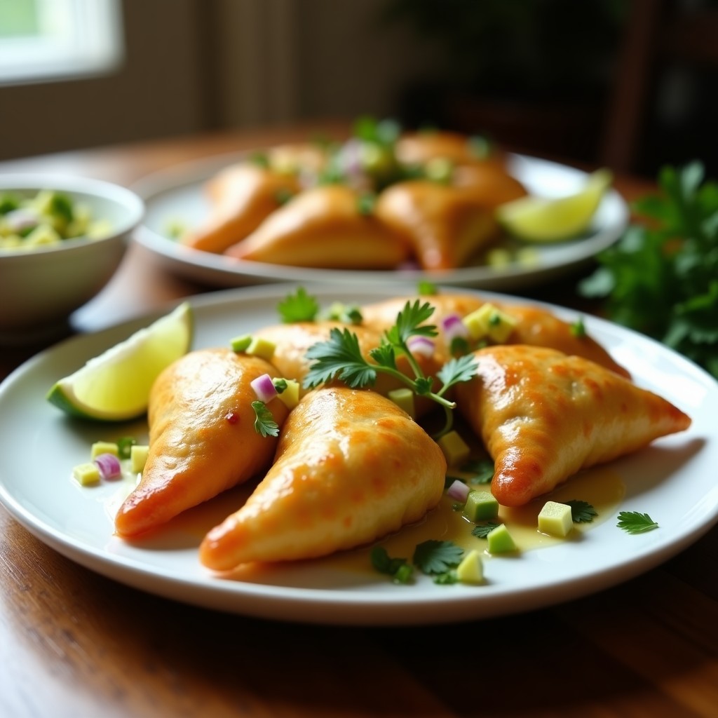 Empanadas doradas y crujientes de yuca rellenas de ceviche de palmito, con trozos de aguacate y cilantro fresco, servidas en un plato blanco sobre fondo rústico.
