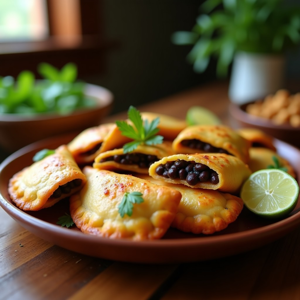 Empanadas doradas y crujientes de yuca con relleno de frijoles negros, espolvoreadas con chipotle en polvo, servidas en un plato de barro rústico con hojas de cilantro fresco y rodajas de limón al lado. Receta keto colombiana.
