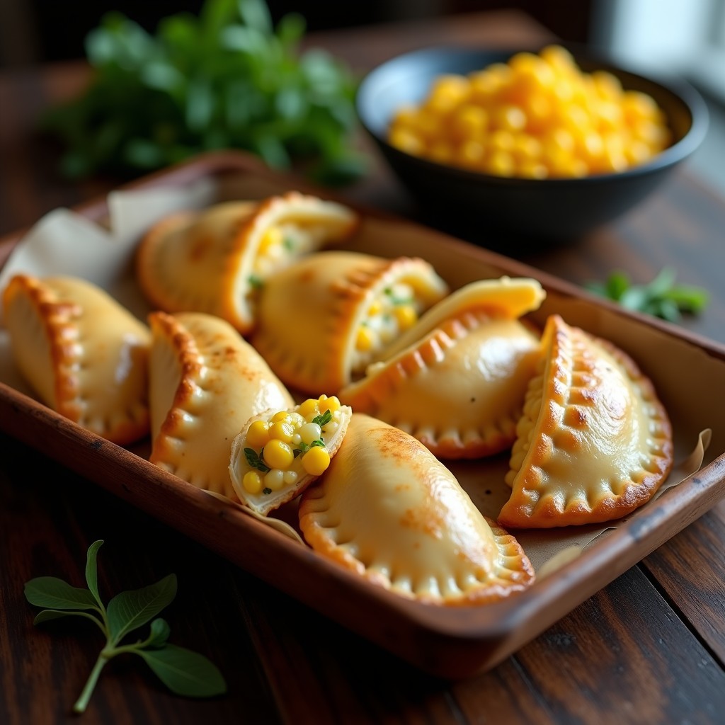 Empanadas argentinas sin gluten de masa de yuca doradas, rellenas de choclo y queso fundido, servidas en una bandeja de madera rústica con hierbas frescas al lado.