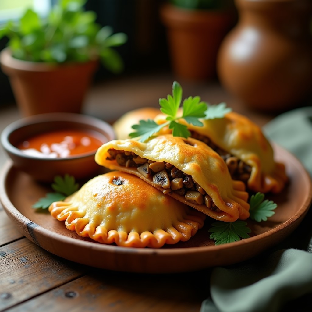 Empanadas de yuca doradas y crujientes rellenas de corneja, con un toque de achiote, servidas en un plato de barro con cilantro fresco y salsa de ají al lado. Receta colombiana vegana y sin gluten.