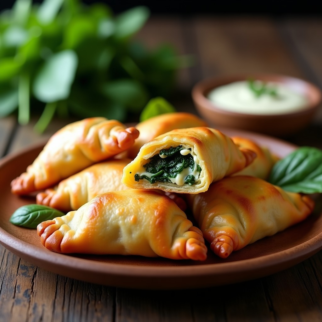 Empanadas doradas de yuca rellenas de espinaca y queso de anacardos, servidas en un plato de madera rústico con un fondo de hojas verdes y un toque de aceite de oliva brillando sobre su superficie crujiente.