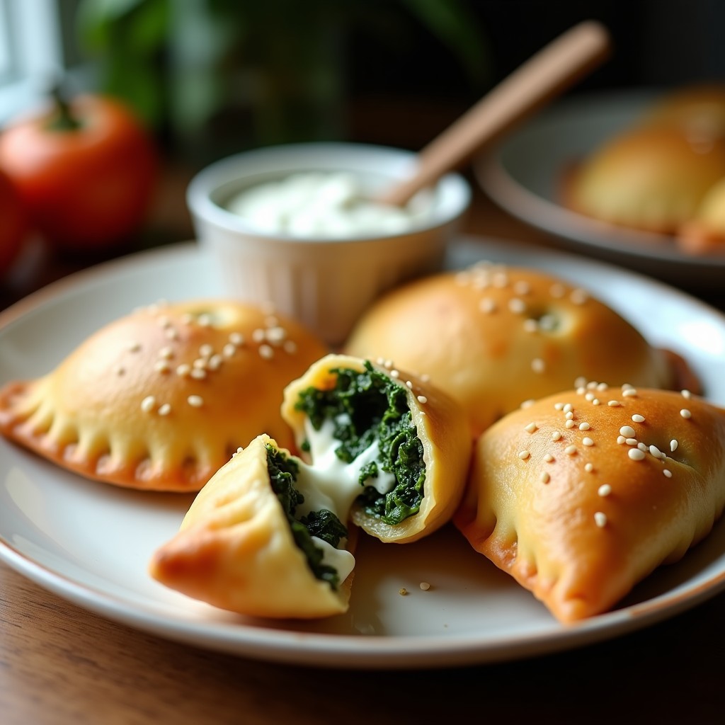 Empanadas doradas y crujientes de masa de yuca rellenas de espinacas y queso de almendras, servidas en un plato de madera con hierbas frescas y salsa blanca al lado. Receta sin gluten en airfryer.