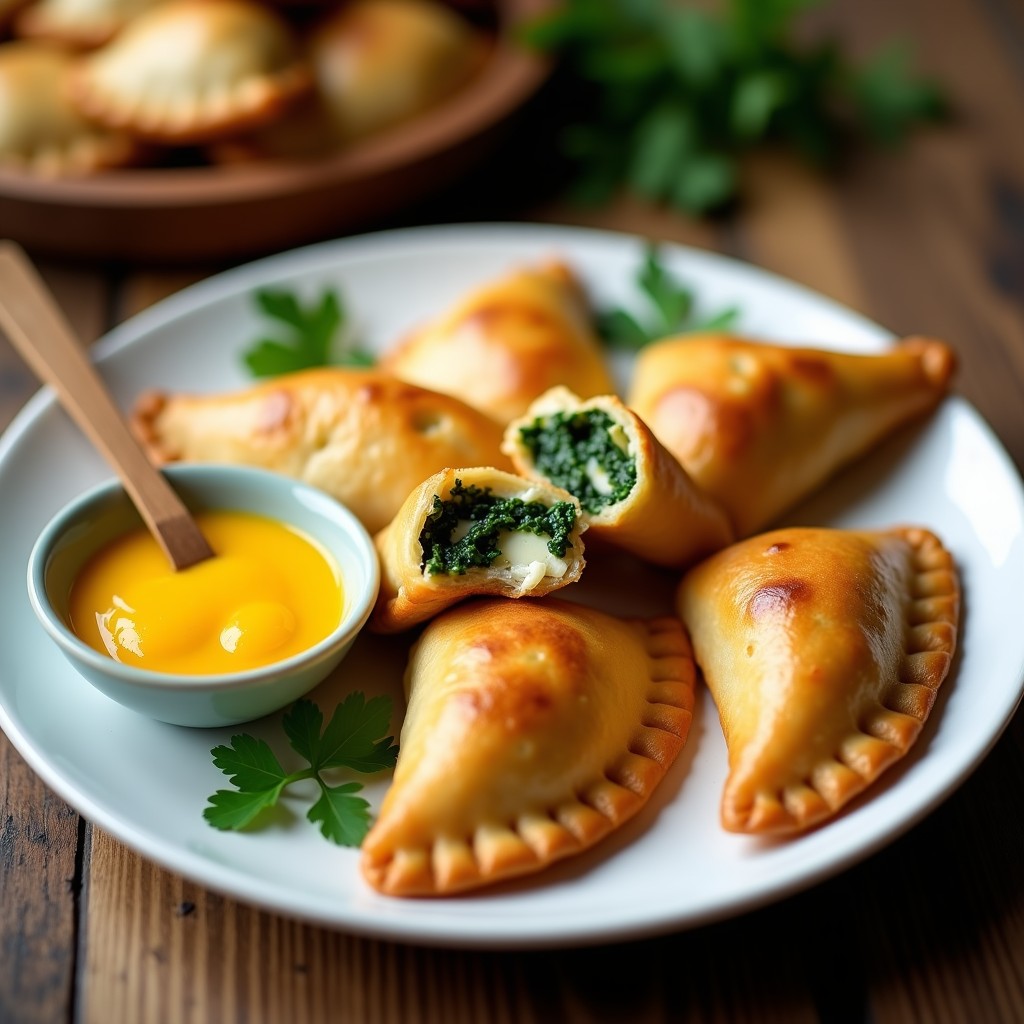 Empanadas doradas y crujientes de yuca rellenas de espinacas, servidas en un plato de madera con salsa de ají amarillo al lado, decoradas con hilo de aceite de oliva y pimienta negra.