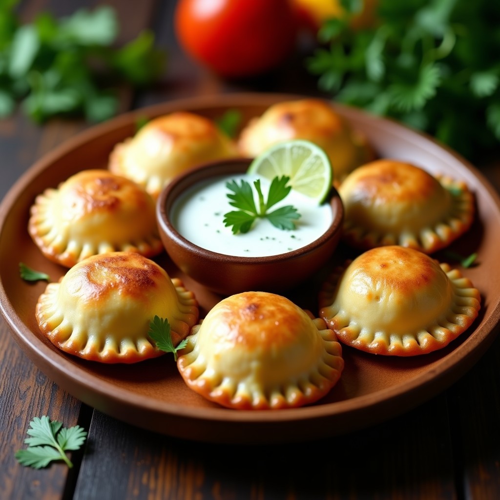 Empanadas doradas y crujientes de yuca rellenas de espinacas y queso de anacardo, servidas en un plato de madera rústico con hierbas frescas y un dip cremoso al lado. Receta ecuatoriana vegana sin gluten.