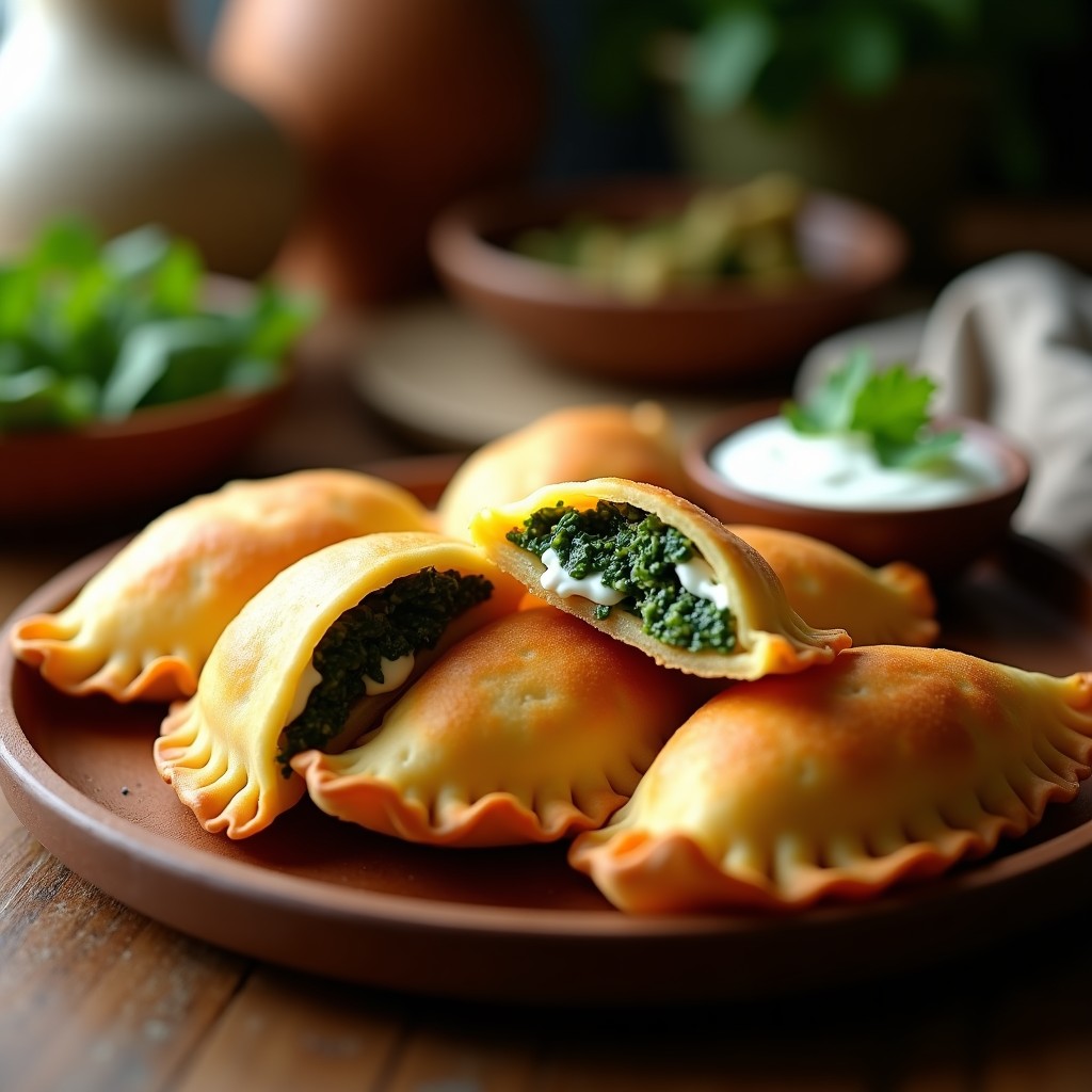Empanadas doradas y crujientes de yuca rellenas de espinacas y queso de anacardos, servidas en un plato de madera con salsa de yogur vegetal al lado. Receta venezolana sin lactosa en airfryer.