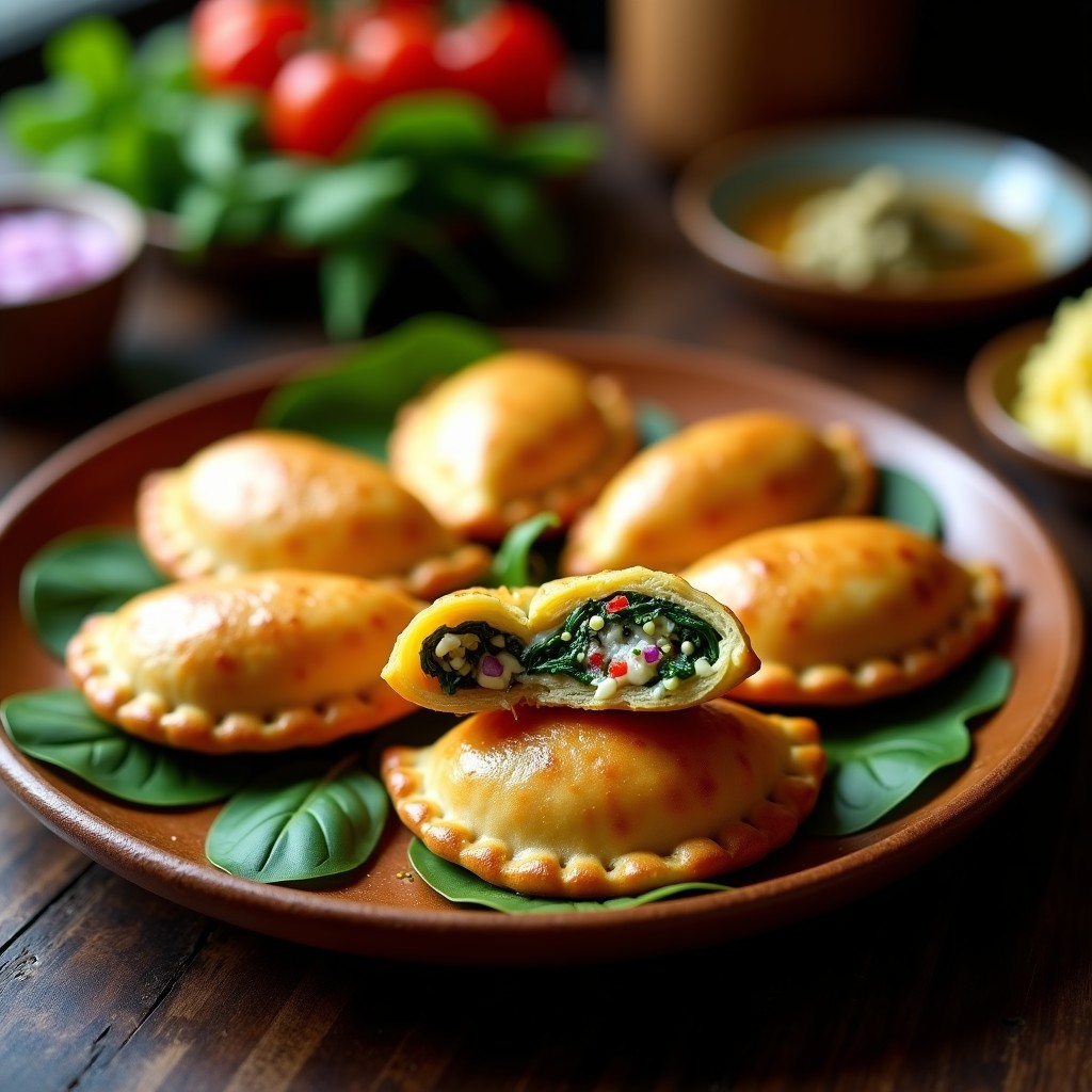 Empanadas doradas de masa de yuca rellenas de espinacas verdes y queso de anacardos cremoso, servidas en un plato de madera rústico con hojas de espinaca fresca como decoración. Receta sin gluten en olla express.