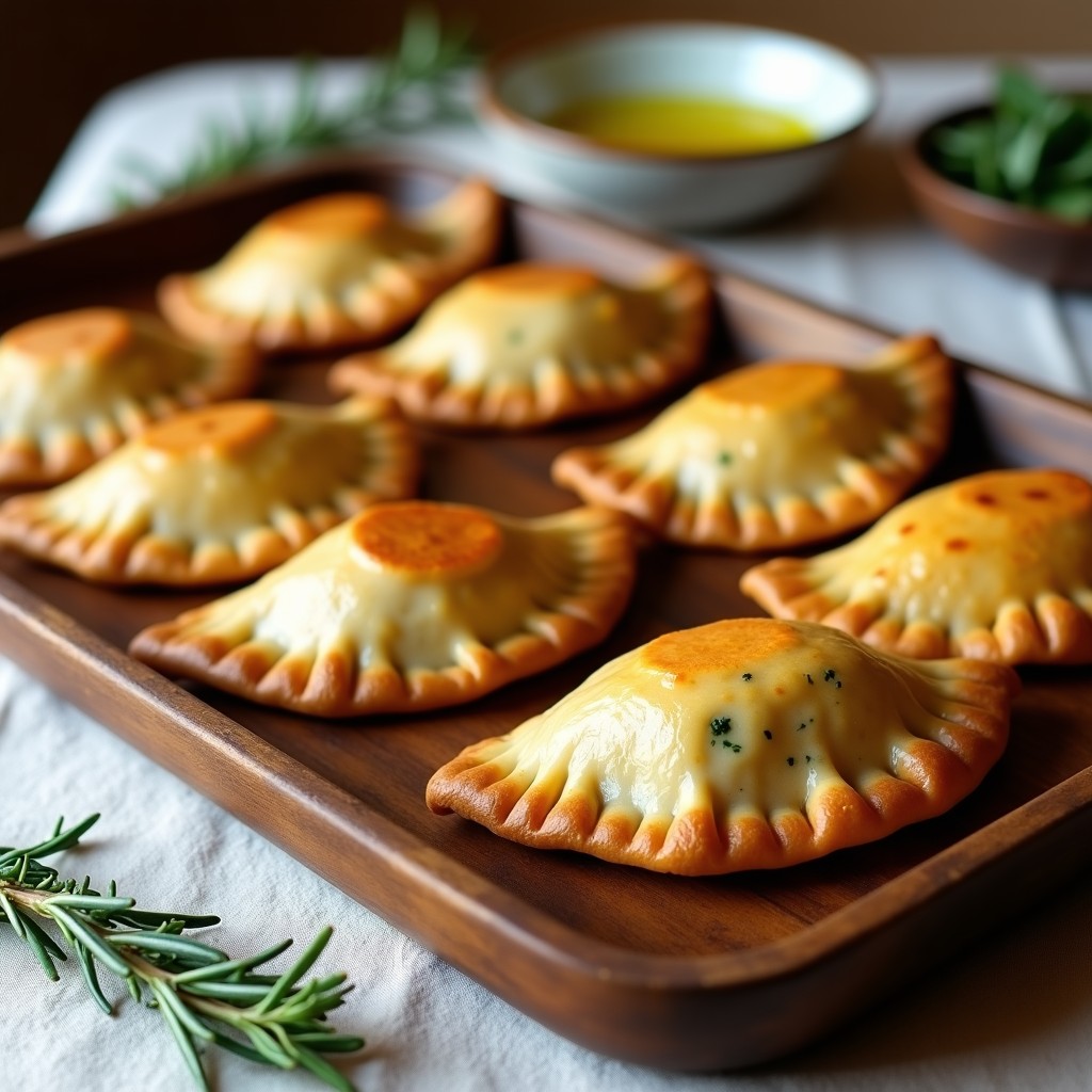 Empanadas argentinas de yuca doradas al horno, rellenas de espinacas y queso de cabra, con bordes crujientes y superficie ligeramente brillante, servidas en bandeja rústica de madera.