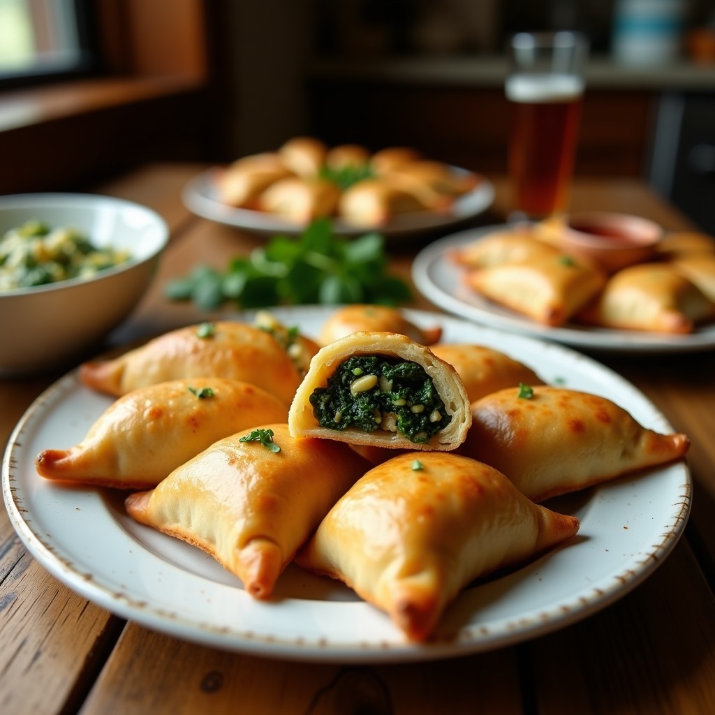 Empanadas de yuca doradas rellenas de espinacas y queso feta, servidas en un plato de barro con hojas de cilantro fresco, receta colombiana en Thermomix.