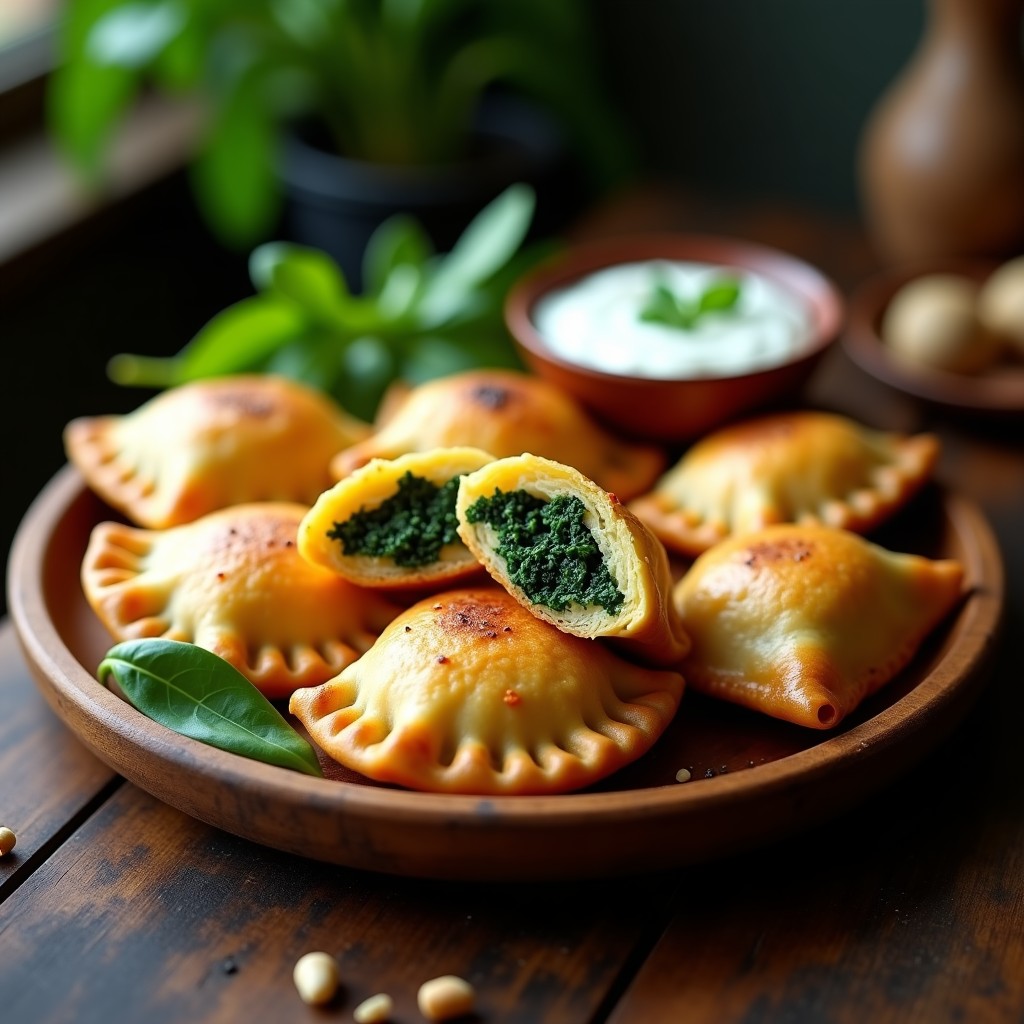 Empanadas de yuca doradas y crujientes rellenas de espinacas y queso vegano fundido, servidas en un plato de madera con hojas de espinaca fresca como decoración. Receta sin gluten en airfryer.