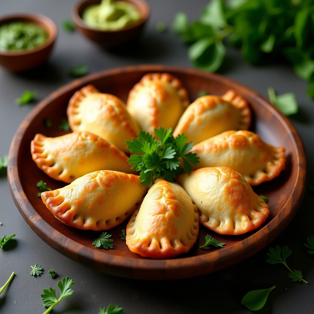 Empanadas doradas de yuca con relleno verde de espinacas y queso de oveja, dispuestas en bandeja de madera con perejil fresco. Receta sin gluten y alta en calcio.