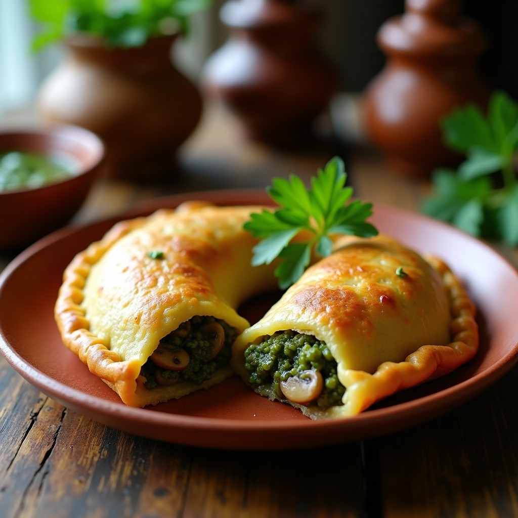 Empanadas doradas y crujientes de yuca con espirulina, rellenas de hongos ostra salteados, servidas en un plato de barro rústico con hojas de cilantro fresco y una salsa cremosa al lado. Receta venezolana sin harina.