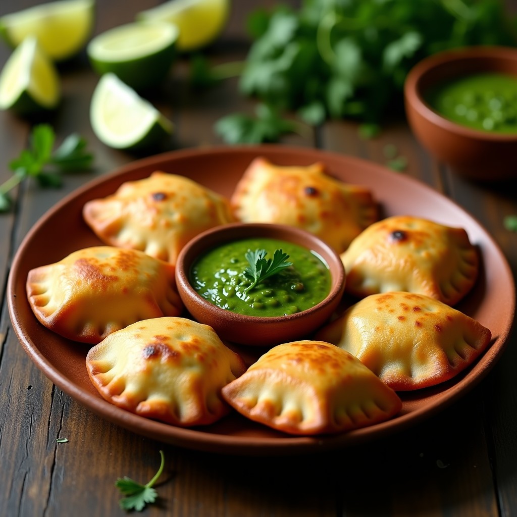 Empanadas doradas de yuca y espirulina con bordes sellados, servidas en un plato de cerámica blanca con salsa verde cremosa de cilantro y lima al lado. Decoradas con gajos de lima y hojas de cilantro fresco sobre un fondo rústico de madera.