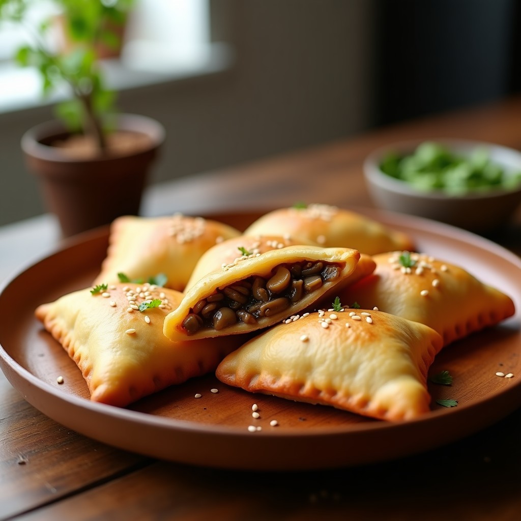 Empanadas doradas y crujientes de yuca rellenas de hongo shiitake, con semillas de sésamo tostadas por encima, servidas en un plato de madera rústico con una salsa cremosa al lado. Receta vegana y sin gluten en airfryer.