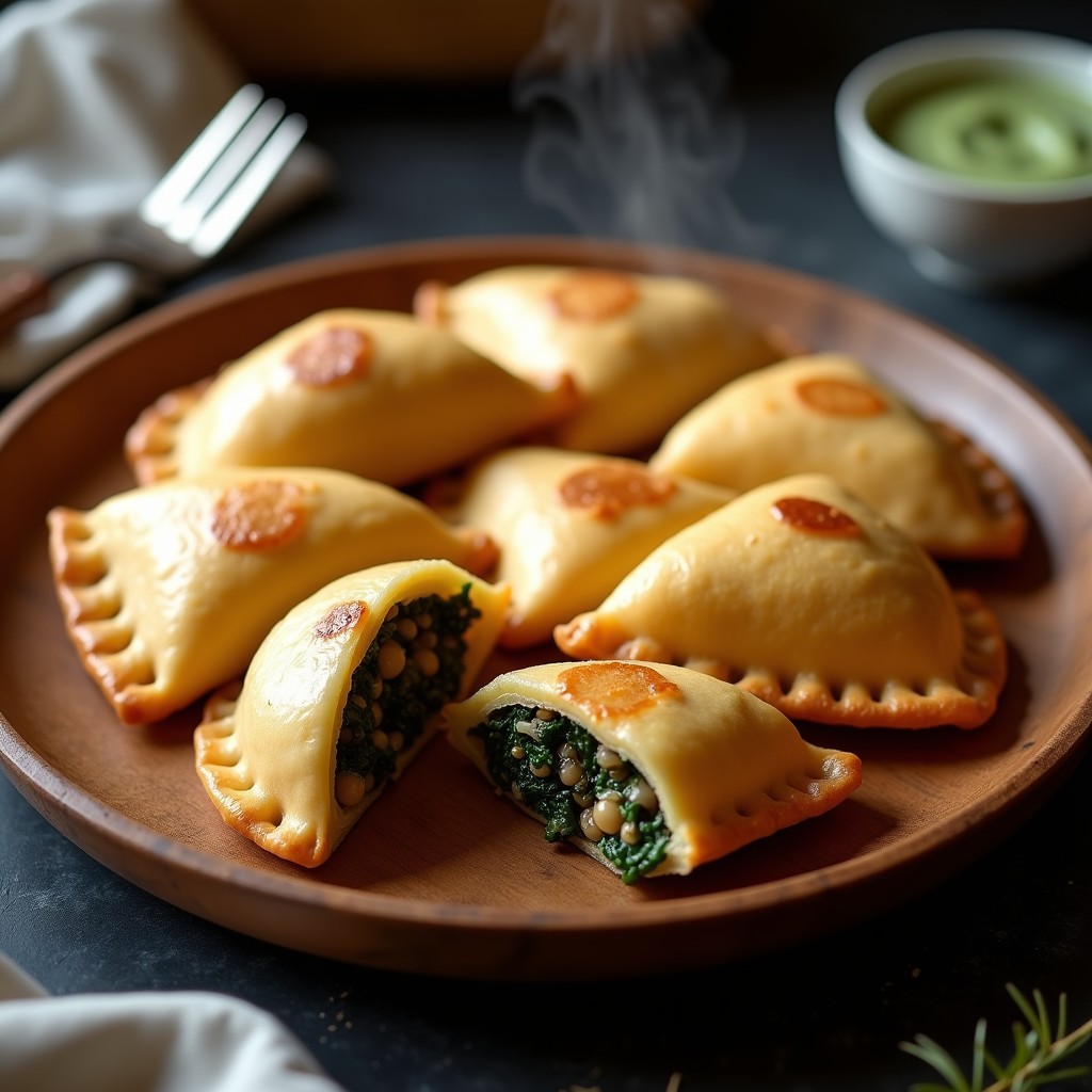 Empanadas de yuca doradas y crujientes rellenas de hongos portobello y espinacas, servidas en un plato de madera rústico con un toque de queso parmesano rallado por encima y una salsa cremosa al lado. Receta sin gluten en airfryer.