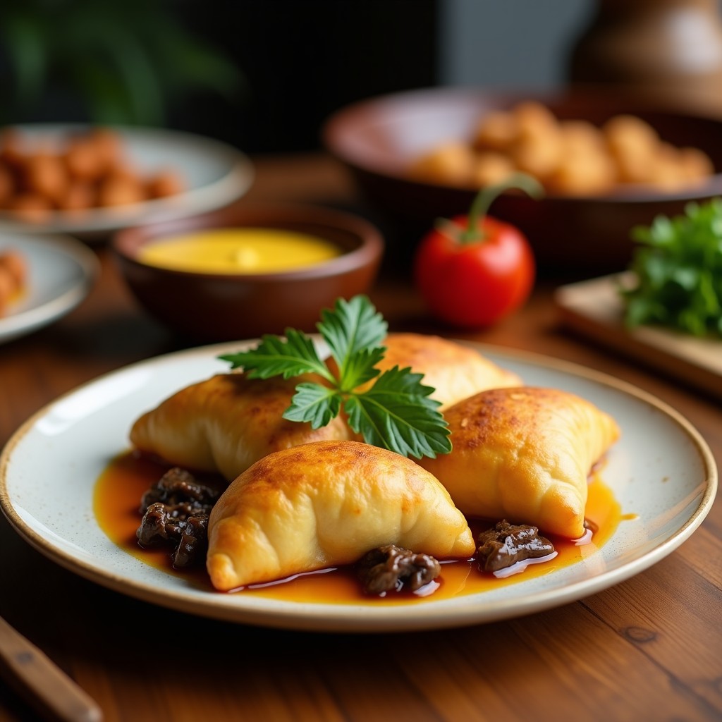 Empanadas doradas y crujientes de yuca rellenas de hongos portobello, con un toque peruano de ají amarillo y huacatay, servidas en una bandeja de madera rústica con hierbas frescas.
