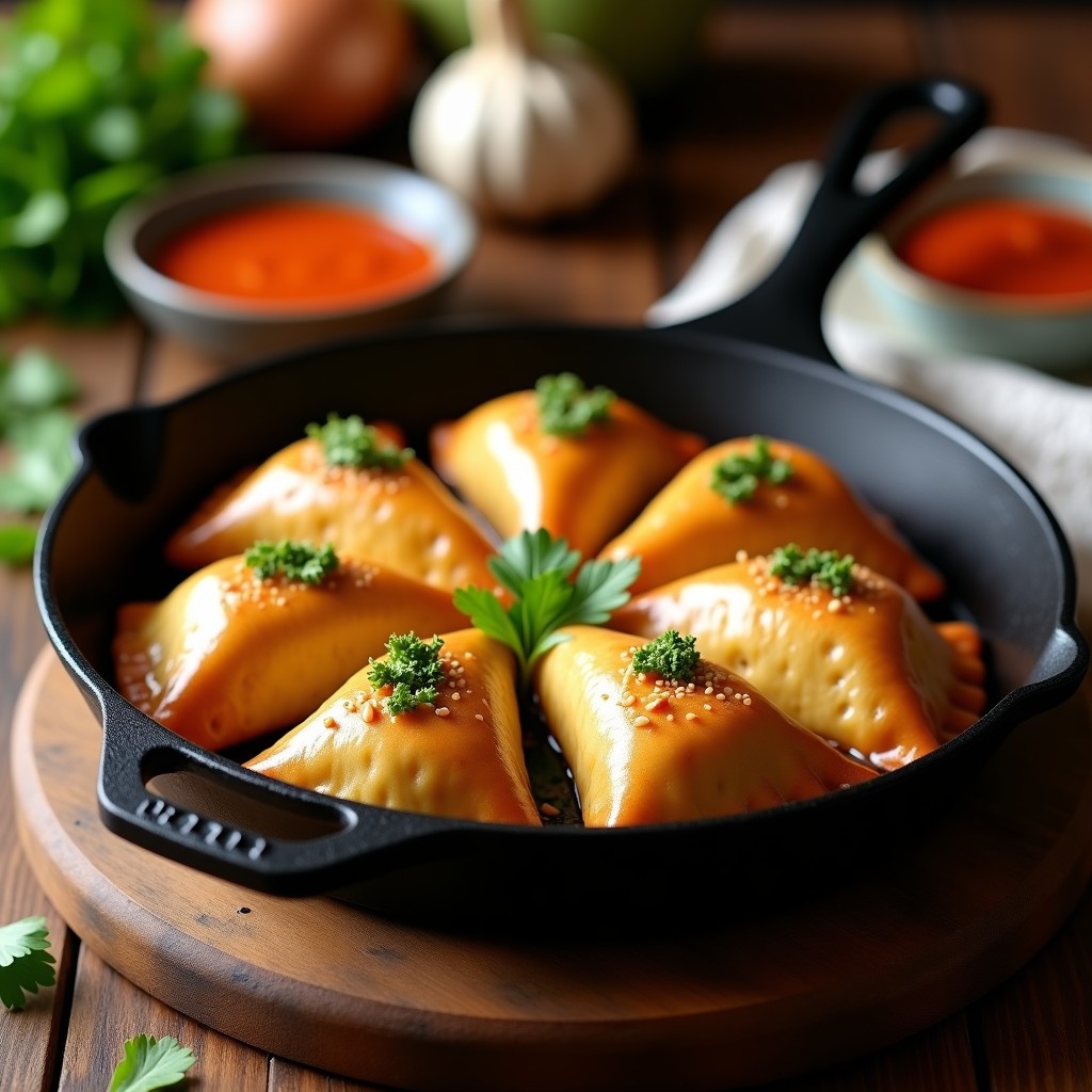 Empanadas doradas y crujientes de yuca rellenas de hongos portobello en sartén, con ají picante y cilantro fresco, estilo colombiano vegano.
