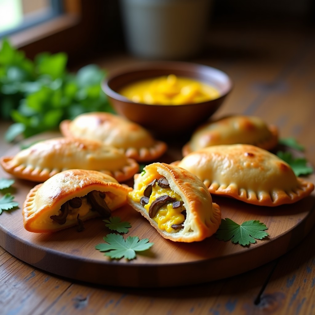 Empanadas de yuca doradas y crujientes rellenas de hongos shitake y queso vegano de cúrcuma, dispuestas en una bandeja de madera con hojas de cilantro fresco.